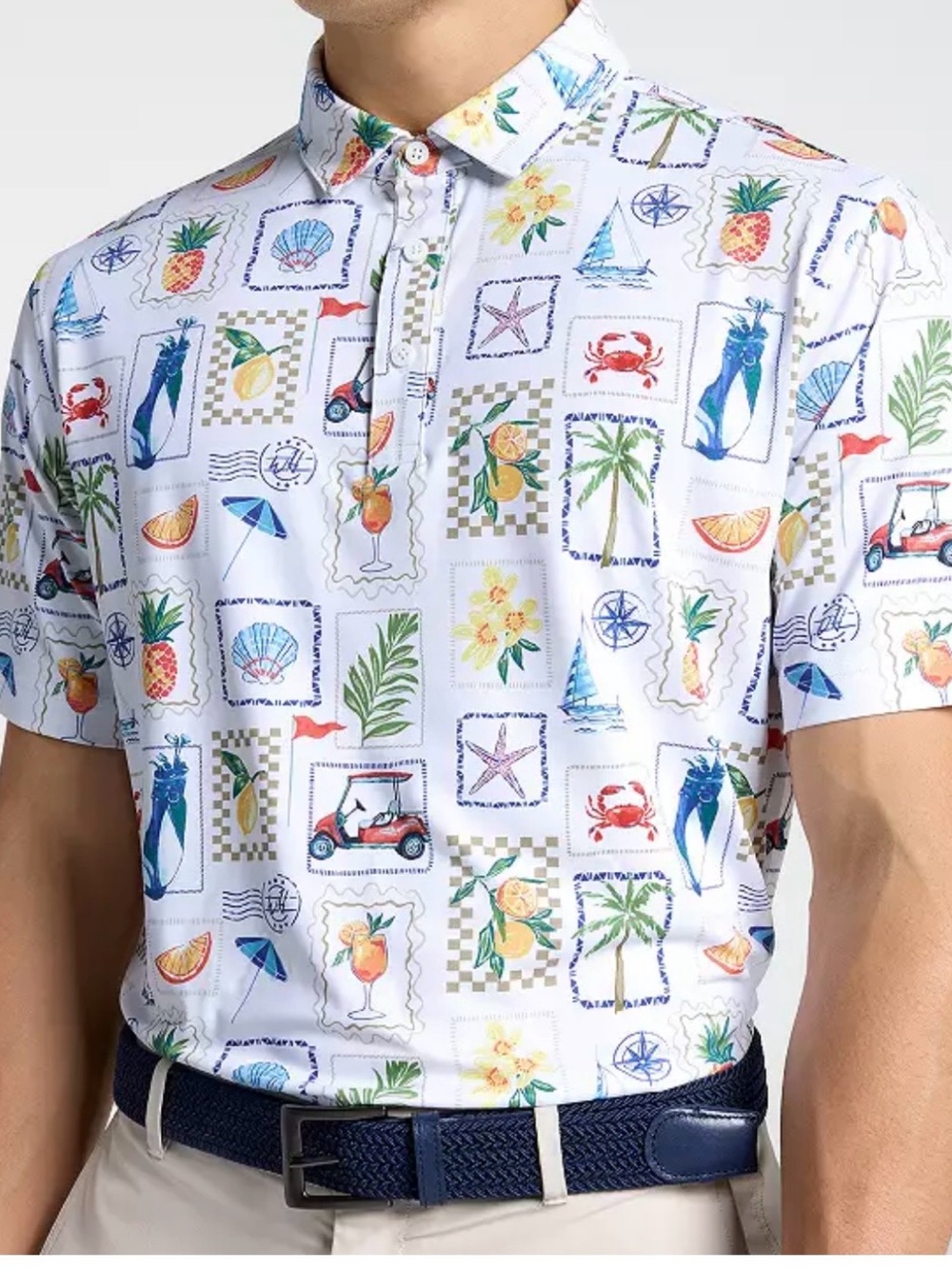 Walter Hagen White Short-Sleeve Polo with Colorful Tropical Stamp Print